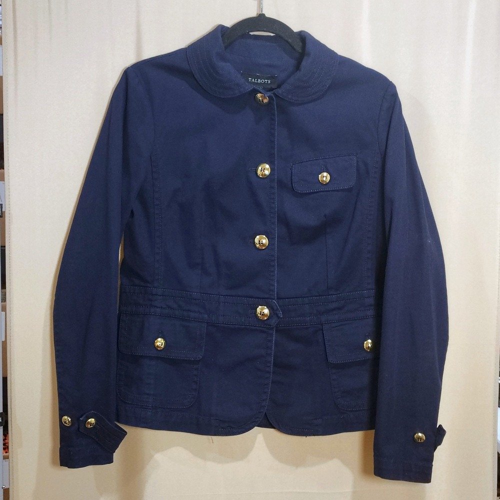 Talbots Military Blazer Womens 8 Navy Gold Button Preppy Peter Pan Collar Preppy
